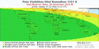 HilalMap: Peta Visibilitas Hilal Ramadhan 1351 H: rukyat tanggal 1932-12-28 M