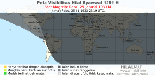 HilalMap: Peta Visibilitas Hilal Syawwal 1351 H: rukyat tanggal 1933-1-25 M