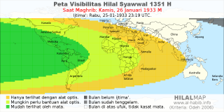 HilalMap: Peta Visibilitas Hilal Syawwal 1351 H: rukyat tanggal 1933-1-26 M