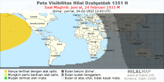 HilalMap: Peta Visibilitas Hilal Dzulqaidah 1351 H: rukyat tanggal 1933-2-24 M