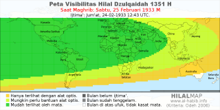 HilalMap: Peta Visibilitas Hilal Dzulqaidah 1351 H: rukyat tanggal 1933-2-25 M