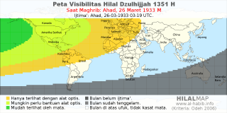HilalMap: Peta Visibilitas Hilal Dzulhijjah 1351 H: rukyat tanggal 1933-3-26 M