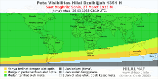 HilalMap: Peta Visibilitas Hilal Dzulhijjah 1351 H: rukyat tanggal 1933-3-27 M