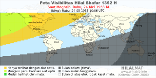 HilalMap: Peta Visibilitas Hilal Shafar 1352 H: rukyat tanggal 1933-5-24 M