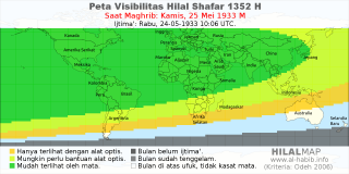 HilalMap: Peta Visibilitas Hilal Shafar 1352 H: rukyat tanggal 1933-5-25 M