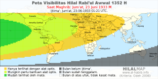HilalMap: Peta Visibilitas Hilal Rabiul-Awwal 1352 H: rukyat tanggal 1933-6-23 M