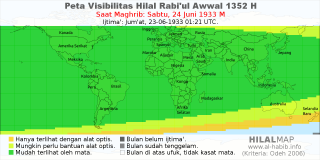 HilalMap: Peta Visibilitas Hilal Rabiul-Awwal 1352 H: rukyat tanggal 1933-6-24 M