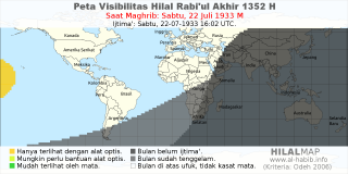 HilalMap: Peta Visibilitas Hilal Rabiul-Akhir 1352 H: rukyat tanggal 1933-7-22 M