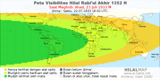 HilalMap: Peta Visibilitas Hilal Rabiul-Akhir 1352 H: rukyat tanggal 1933-7-23 M