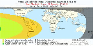 HilalMap: Peta Visibilitas Hilal Jumadal-Awwal 1352 H: rukyat tanggal 1933-8-21 M