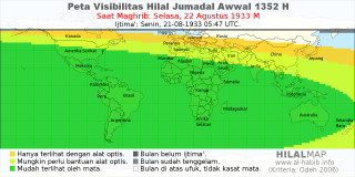 HilalMap: Peta Visibilitas Hilal Jumadal-Awwal 1352 H: rukyat tanggal 1933-8-22 M