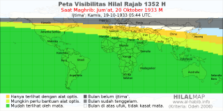 HilalMap: Peta Visibilitas Hilal Rajab 1352 H: rukyat tanggal 1933-10-20 M