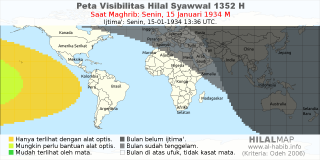 HilalMap: Peta Visibilitas Hilal Syawwal 1352 H: rukyat tanggal 1934-1-15 M