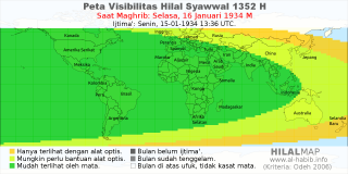 HilalMap: Peta Visibilitas Hilal Syawwal 1352 H: rukyat tanggal 1934-1-16 M