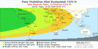 HilalMap: Peta Visibilitas Hilal Dzulqaidah 1352 H: rukyat tanggal 1934-2-14 M
