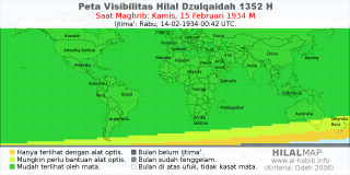 HilalMap: Peta Visibilitas Hilal Dzulqaidah 1352 H: rukyat tanggal 1934-2-15 M
