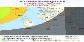 HilalMap: Peta Visibilitas Hilal Dzulhijjah 1352 H: rukyat tanggal 1934-3-15 M