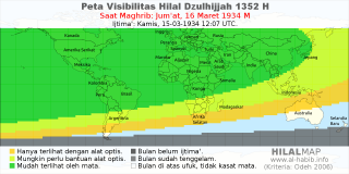HilalMap: Peta Visibilitas Hilal Dzulhijjah 1352 H: rukyat tanggal 1934-3-16 M