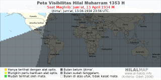 HilalMap: Peta Visibilitas Hilal Muharram 1353 H: rukyat tanggal 1934-4-13 M