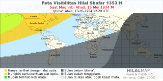 HilalMap: Peta Visibilitas Hilal Shafar 1353 H: rukyat tanggal 1934-5-13 M