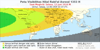 HilalMap: Peta Visibilitas Hilal Rabiul-Awwal 1353 H: rukyat tanggal 1934-6-12 M