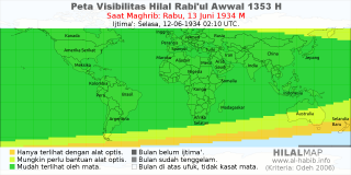 HilalMap: Peta Visibilitas Hilal Rabiul-Awwal 1353 H: rukyat tanggal 1934-6-13 M