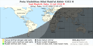 HilalMap: Peta Visibilitas Hilal Rabiul-Akhir 1353 H: rukyat tanggal 1934-7-11 M