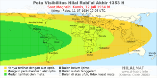 HilalMap: Peta Visibilitas Hilal Rabiul-Akhir 1353 H: rukyat tanggal 1934-7-12 M