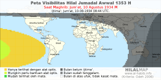 HilalMap: Peta Visibilitas Hilal Jumadal-Awwal 1353 H: rukyat tanggal 1934-8-10 M