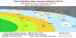 HilalMap: Peta Visibilitas Hilal Jumadal-Akhirah 1353 H: rukyat tanggal 1934-9-9 M