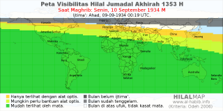 HilalMap: Peta Visibilitas Hilal Jumadal-Akhirah 1353 H: rukyat tanggal 1934-9-10 M