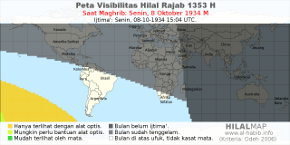 HilalMap: Peta Visibilitas Hilal Rajab 1353 H: rukyat tanggal 1934-10-8 M