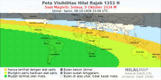HilalMap: Peta Visibilitas Hilal Rajab 1353 H: rukyat tanggal 1934-10-9 M