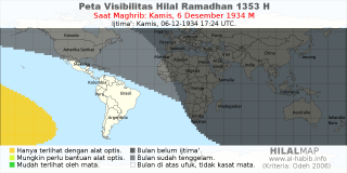 HilalMap: Peta Visibilitas Hilal Ramadhan 1353 H: rukyat tanggal 1934-12-6 M