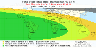 HilalMap: Peta Visibilitas Hilal Ramadhan 1353 H: rukyat tanggal 1934-12-7 M