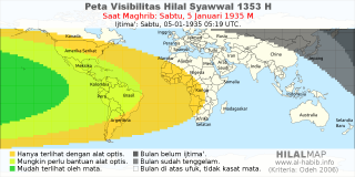 HilalMap: Peta Visibilitas Hilal Syawwal 1353 H: rukyat tanggal 1935-1-5 M