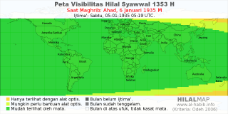 HilalMap: Peta Visibilitas Hilal Syawwal 1353 H: rukyat tanggal 1935-1-6 M
