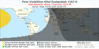HilalMap: Peta Visibilitas Hilal Dzulqaidah 1353 H: rukyat tanggal 1935-2-3 M