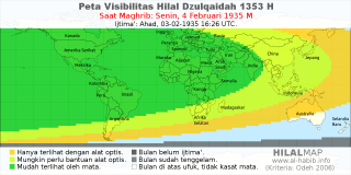 HilalMap: Peta Visibilitas Hilal Dzulqaidah 1353 H: rukyat tanggal 1935-2-4 M