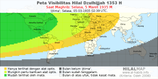 HilalMap: Peta Visibilitas Hilal Dzulhijjah 1353 H: rukyat tanggal 1935-3-5 M