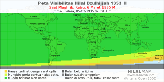 HilalMap: Peta Visibilitas Hilal Dzulhijjah 1353 H: rukyat tanggal 1935-3-6 M