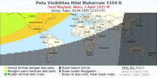 HilalMap: Peta Visibilitas Hilal Muharram 1354 H: rukyat tanggal 1935-4-3 M