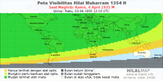 HilalMap: Peta Visibilitas Hilal Muharram 1354 H: rukyat tanggal 1935-4-4 M