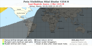 HilalMap: Peta Visibilitas Hilal Shafar 1354 H: rukyat tanggal 1935-5-2 M