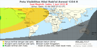 HilalMap: Peta Visibilitas Hilal Rabiul-Awwal 1354 H: rukyat tanggal 1935-6-1 M