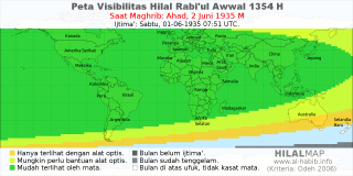 HilalMap: Peta Visibilitas Hilal Rabiul-Awwal 1354 H: rukyat tanggal 1935-6-2 M