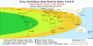 HilalMap: Peta Visibilitas Hilal Rabiul-Akhir 1354 H: rukyat tanggal 1935-7-1 M