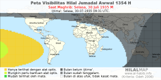 HilalMap: Peta Visibilitas Hilal Jumadal-Awwal 1354 H: rukyat tanggal 1935-7-30 M