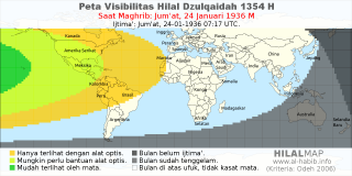 HilalMap: Peta Visibilitas Hilal Dzulqaidah 1354 H: rukyat tanggal 1936-1-24 M