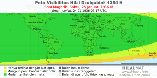 HilalMap: Peta Visibilitas Hilal Dzulqaidah 1354 H: rukyat tanggal 1936-1-25 M